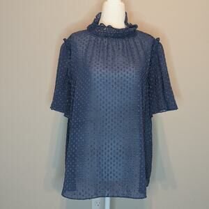 Everleigh Navy Blue Sheer Textured Ruffled Collar Blouse Size Large